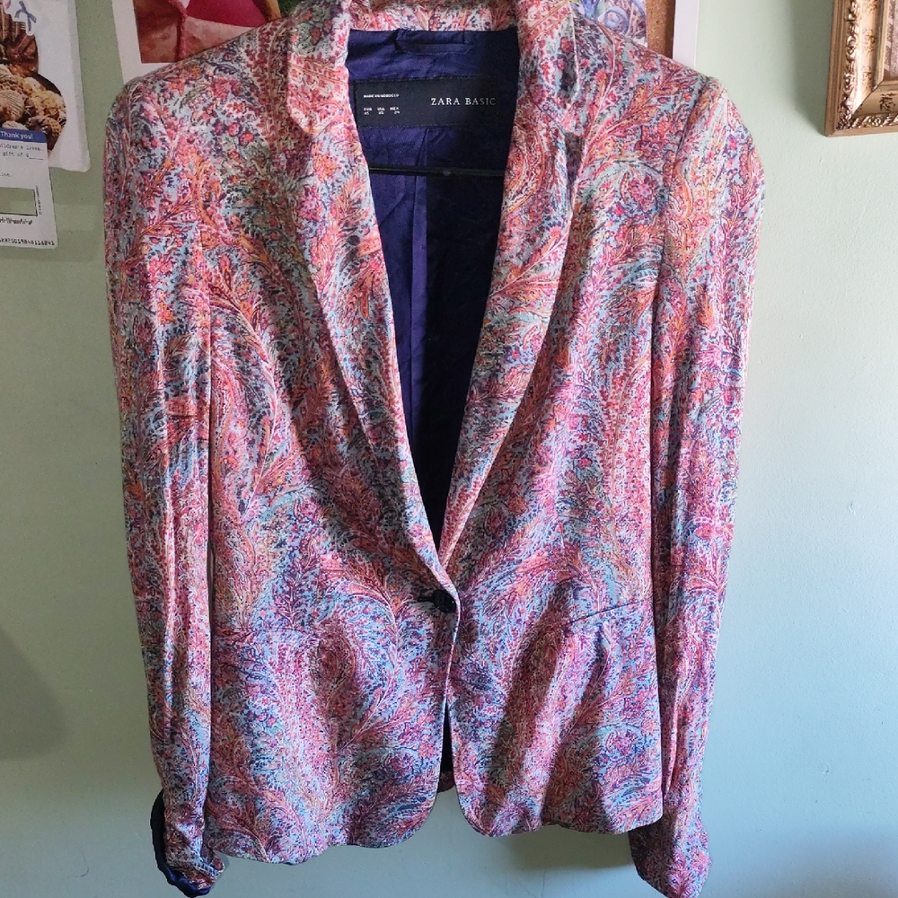 Zara Multicolor Floral Paisley Blazer with Navy Lining